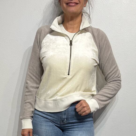 Free People Cream Colorblock Quarter Zip Sweater Sz S - Picture 1 of 13